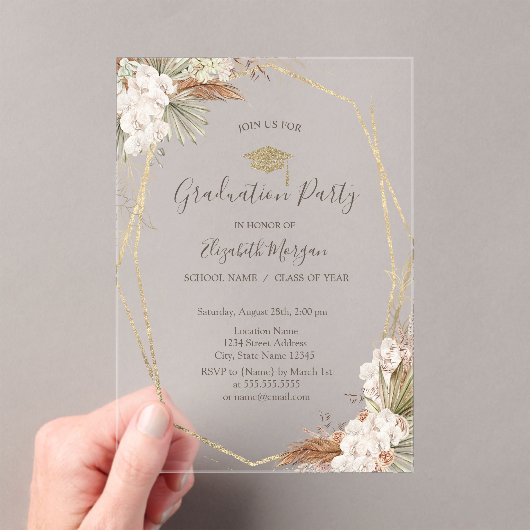 Pampas Flowers,Grad Cap,Graduation  アクリル招待状 (インサイチュ (ポータブル))