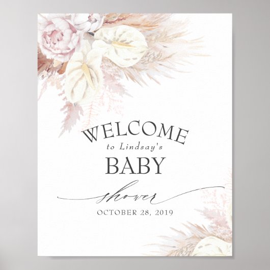 Pampas Grass and Anthuriums Baby Shower Welcome Po ポスター (正面)