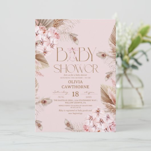 Pampas Grass  and Blush Pink Orchid Baby Shower  招待状 (スタンド正面)