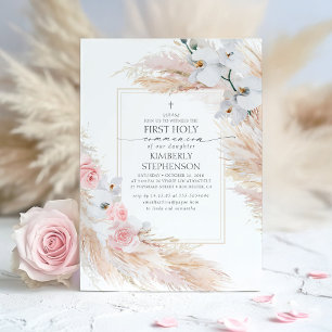 Pampas Grass and White Orchids First Communion 招待状