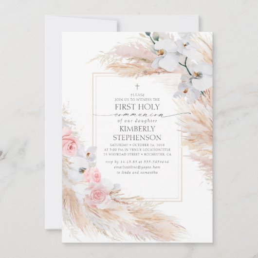 Pampas Grass and White Orchids First Communion 招待状 (正面)