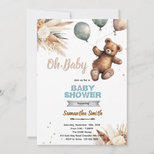 Pampas Grass bear baby shower invitation 招待状 (正面)