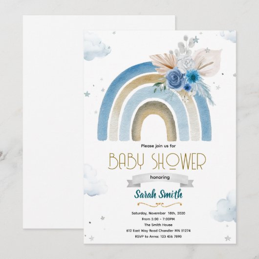 Pampas Grass blue boho rainbow invitation 招待状 (正面/裏面)