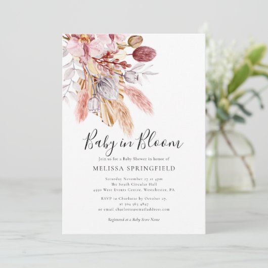 Pampas Grass Boho Chic Baby Shower 招待状 (スタンド正面)