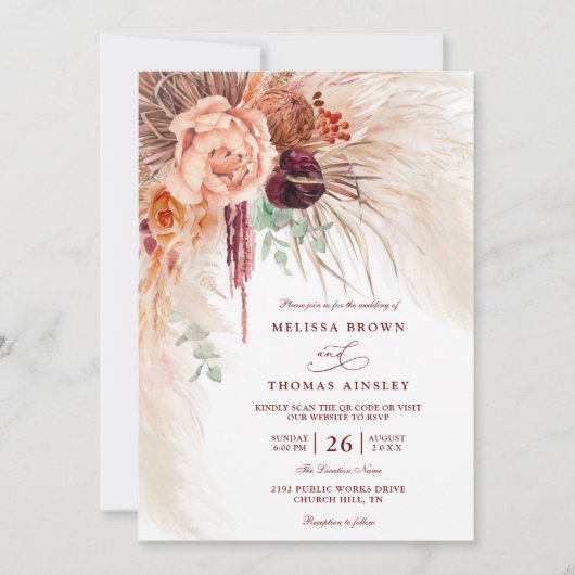 Pampas Grass Floral Terracotta QR Code Wedding 招待状 (正面)
