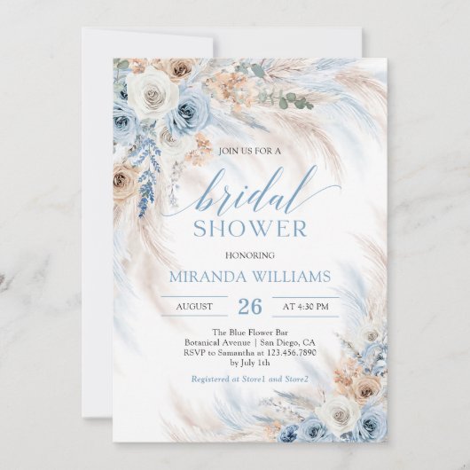 Pampas Grass Light Blue Floral Bridal Shower 招待状 (正面)