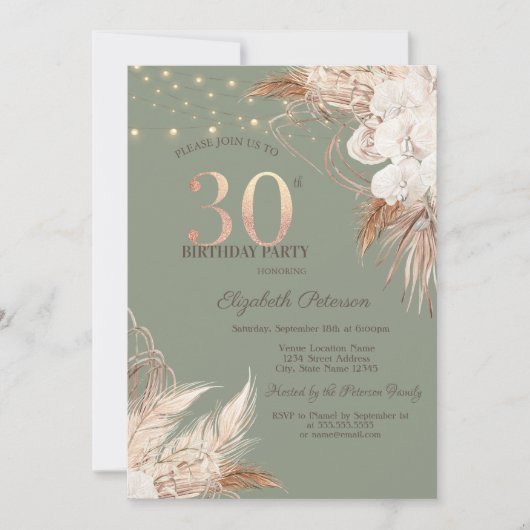 Pampas Grass Sage Green 30th Birthday 招待状 (正面)