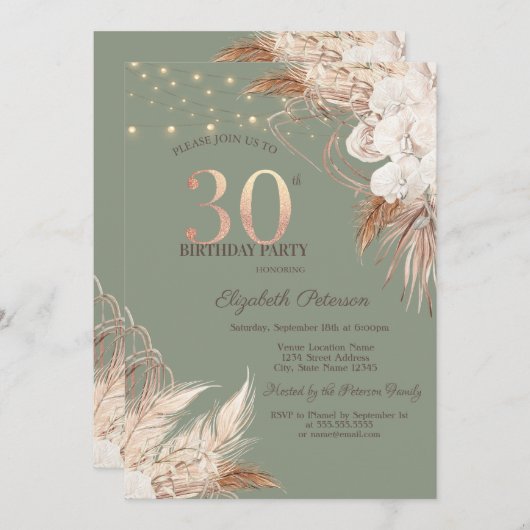Pampas Grass Sage Green 30th Birthday 招待状 (正面/裏面)