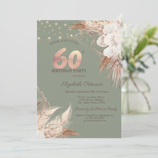 Pampas Grass Sage Green 60th Birthday 招待状 (スタンド正面)
