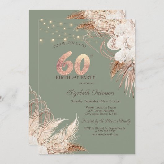 Pampas Grass Sage Green 60th Birthday 招待状 (正面/裏面)