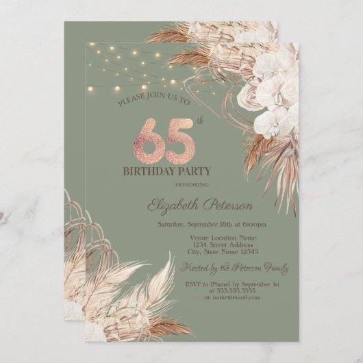 Pampas Grass Sage Green 65th Birthday 招待状 (正面/裏面)