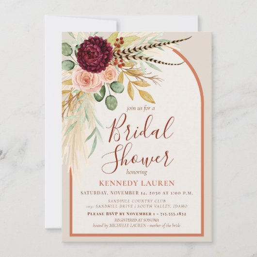 Pampas Grass Terracotta Floral Boho Bridal Shower  招待状 (正面)