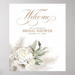 Pampas Grass White Floral Botanical Welcome Sign ポスター