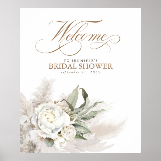 Pampas Grass White Floral Botanical Welcome Sign ポスター (正面)