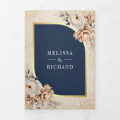 Pampas Neutral Beige Earthy Floral Navy Wedding 三つ折り招待状 (カバー)