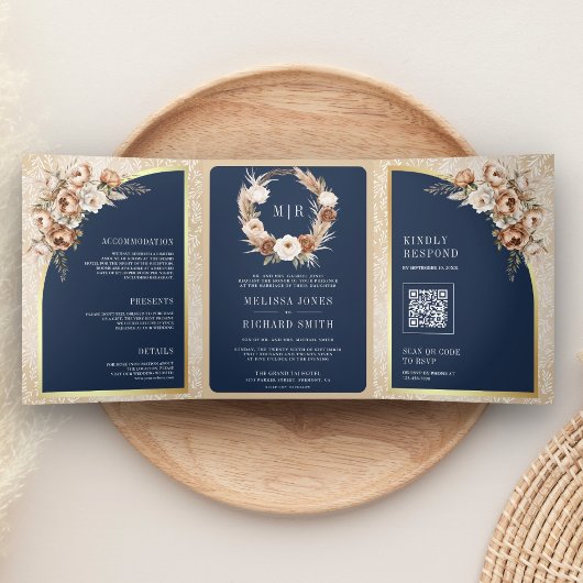 Pampas Neutral Beige Earthy Floral Navy Wedding 三つ折り招待状