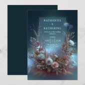 Pampas Rose Ethereal Teal Garden Wedding 招待状 (正面/裏面)