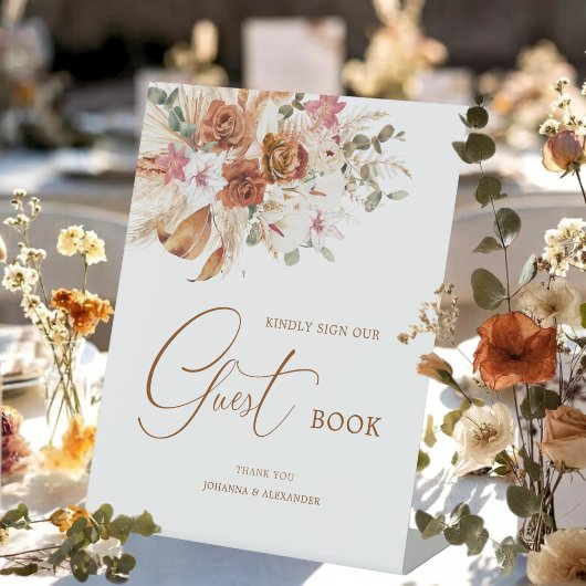 Pampas Terracotta Boho Floral Guest Book Sign 台座サイン