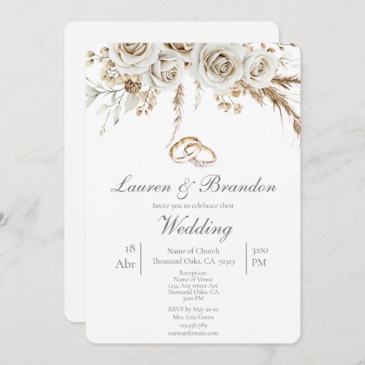 Pampas white boho Wedding invitation 招待状 (正面/裏面)