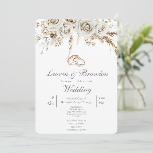 Pampas white boho Wedding invitation 招待状 (スタンド正面)