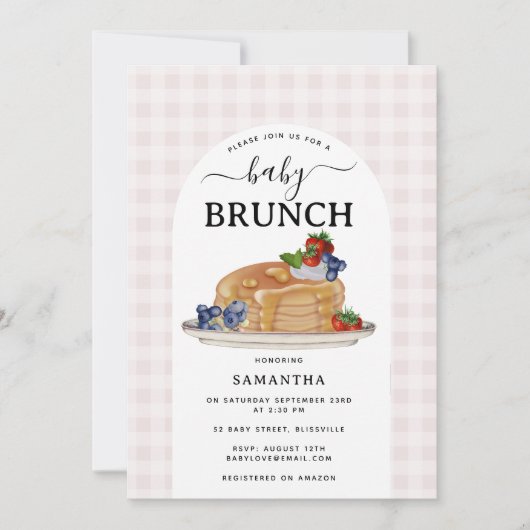 Pancakes Berries Brunch Pink Plaid Baby Shower 招待状 (正面)