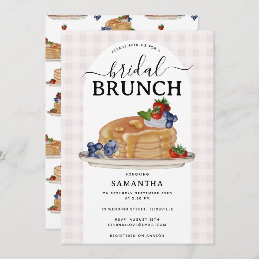 Pancakes Berries Brunch Pink Plaid Bridal Shower 招待状 (正面/裏面)
