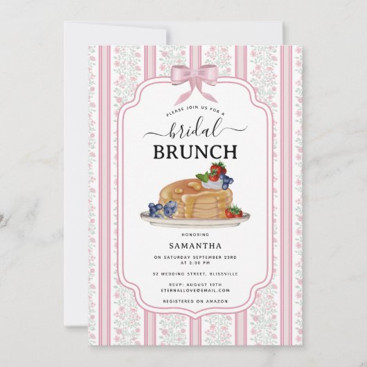 Pancakes Brunch Pink Botanical Bridal Shower 招待状 (正面)