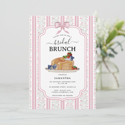 Pancakes Brunch Pink Botanical Bridal Shower 招待状 (スタンド正面)