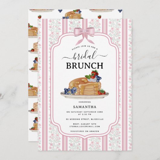 Pancakes Brunch Pink Botanical Bridal Shower 招待状 (正面/裏面)