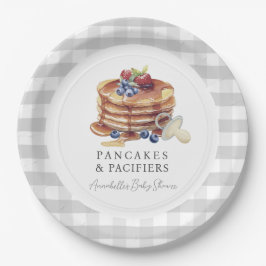 Pancakes & Pacifiers Gray Gingham Baby Shower ペーパープレート