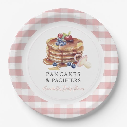 Pancakes & Pacifiers Pink Gingham Boy Baby Shower ペーパープレート (正面)