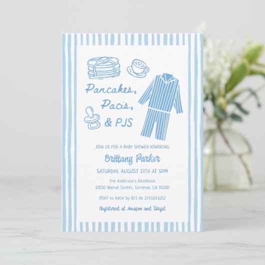 Pancakes, Pacis & PJs Boy Baby Shower 招待状 (スタンド正面)