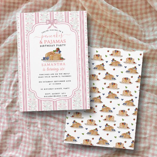Pancakes Pajamas PJ's Girl Kids Birthday Party 招待状