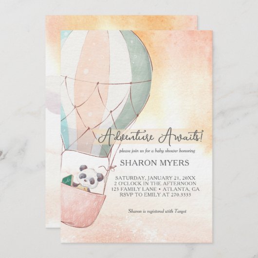 Panda Adventure Awaits Baby Shower 招待状 (正面/裏面)