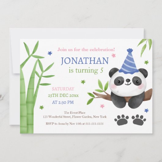 Panda Bear Green Bamboo Kids Birthday  招待状 (正面)