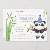 Panda Bear Green Bamboo Kids Birthday 招待状 (正面/裏面)