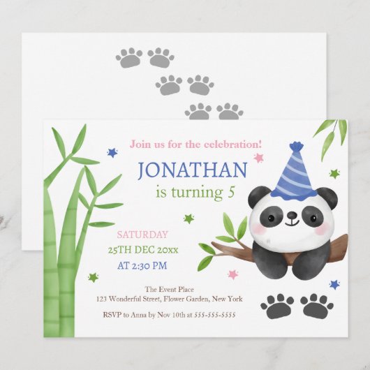 Panda Bear Green Bamboo Kids Birthday  招待状 (正面/裏面)