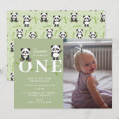 Panda Bear Kawaii Kids First One Birthday Photo 招待状 (正面/裏面)