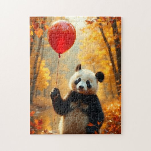 Panda Bear with a red balloon in Autumn ジグソーパズル (縦)