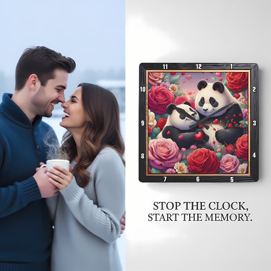 Panda Couple Rose Garden スクエア壁時計