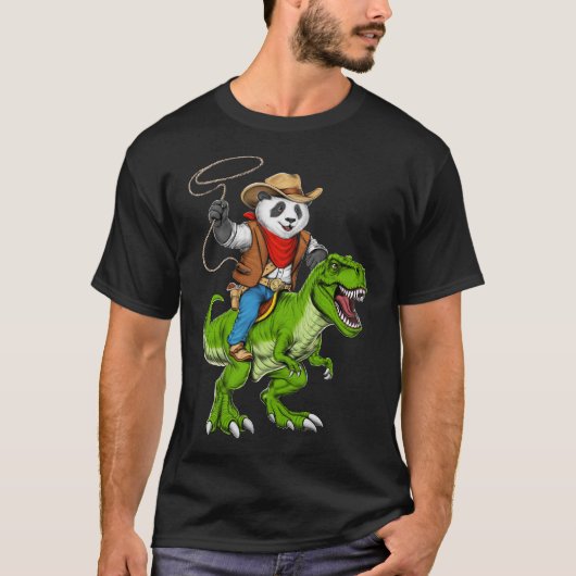 Panda Cowboy Riding T-Rex Dinosaur Tシャツ (正面)
