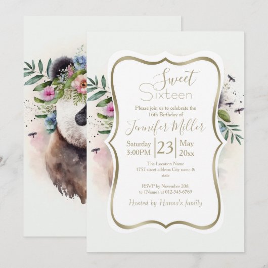 Panda Flowers Watercolor                           招待状 (正面/裏面)