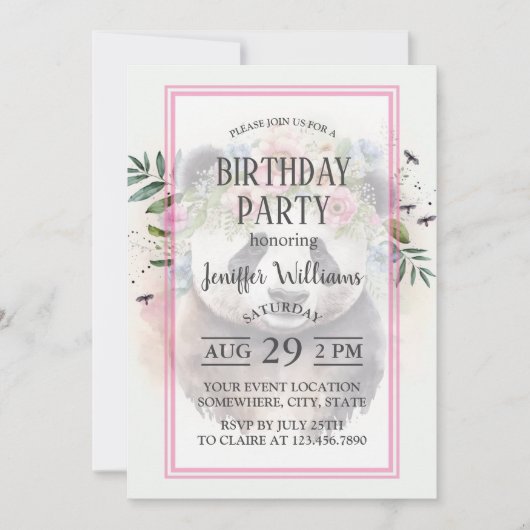 Panda Flowers Watercolor                    招待状 (正面)