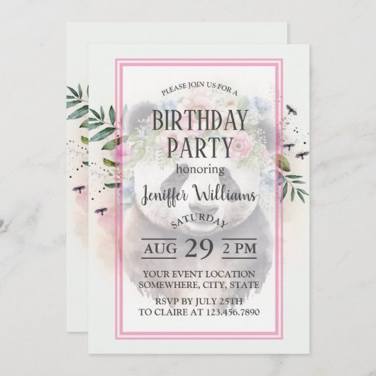 Panda Flowers Watercolor                    招待状 (正面/裏面)