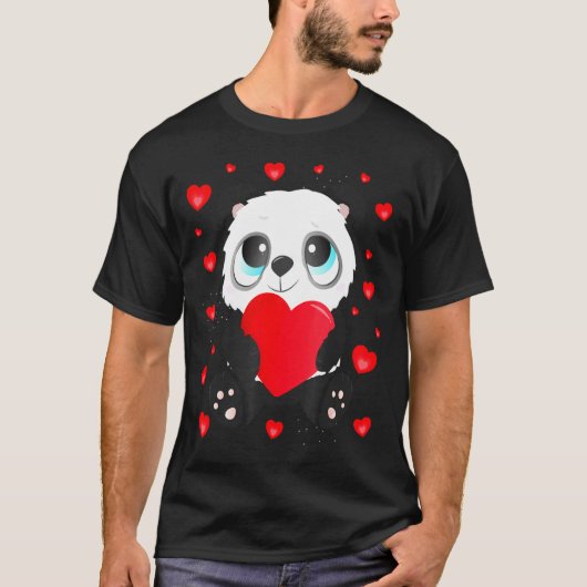 Panda Heart Valentines Day Girls Kids Women Bear L Tシャツ (正面)