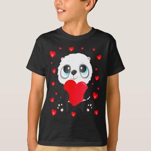 Panda Heart Valentines Day Girls Kids Women Bear L Tシャツ (正面)