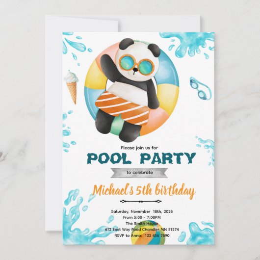 Panda Pool Party Birthday Invitation 招待状 (正面)