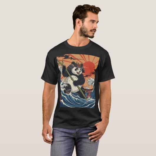 Panda Samurai Rising Amid Ukiyo Waves Tシャツ (正面フル)