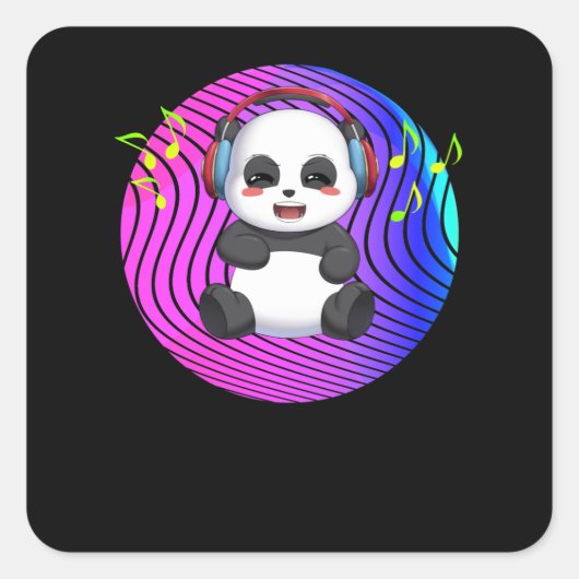 Panda with music headphones DJ スクエアシール (正面)