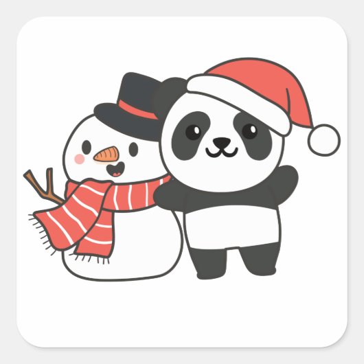 Panda With Snowman In Winter For Christmas Square スクエアシール (正面)